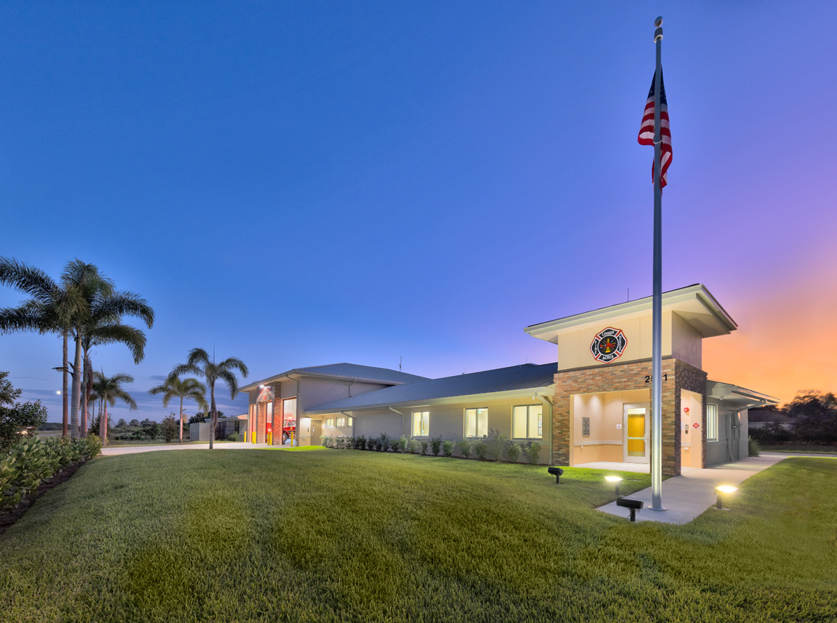 Architectural dusk view of the Fire and Rescue Station 106 Lehigh Acres, FL.